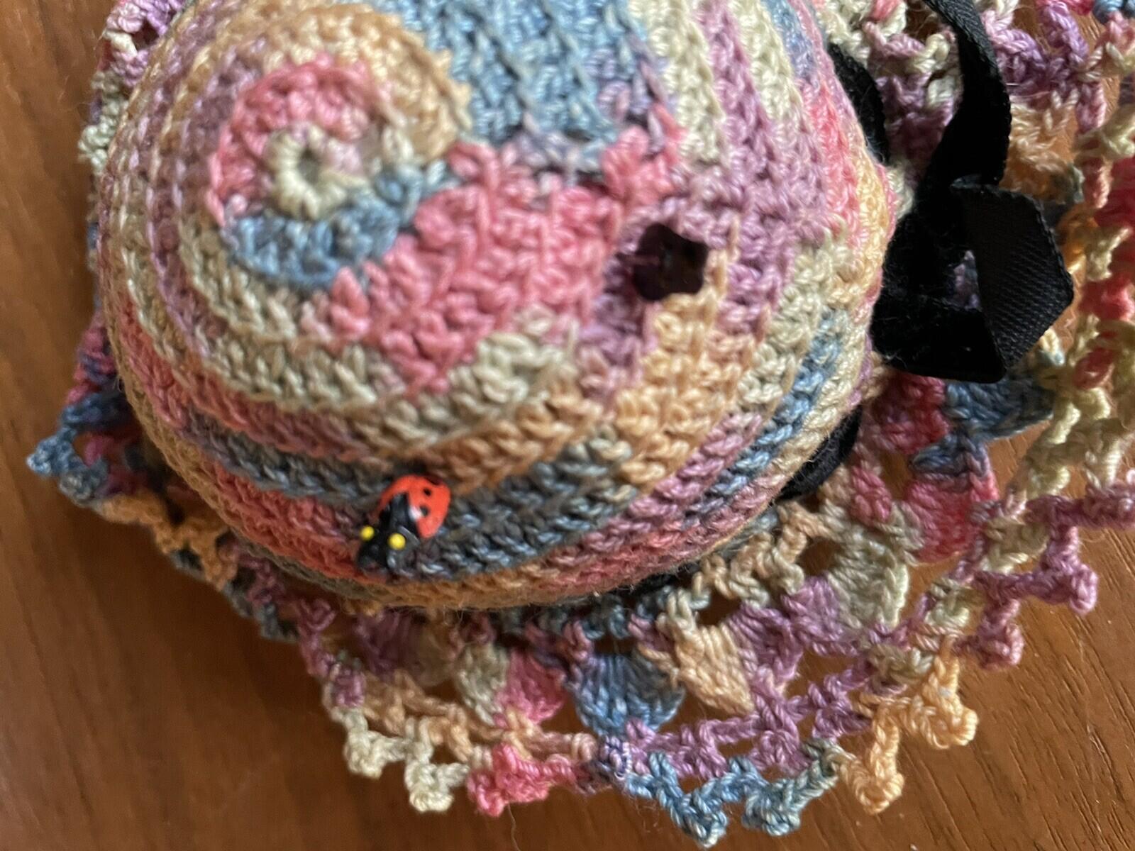 Crochet Hat Sewing Pin Cushion With Two Lady Bug Pins Vintage - Image 4
