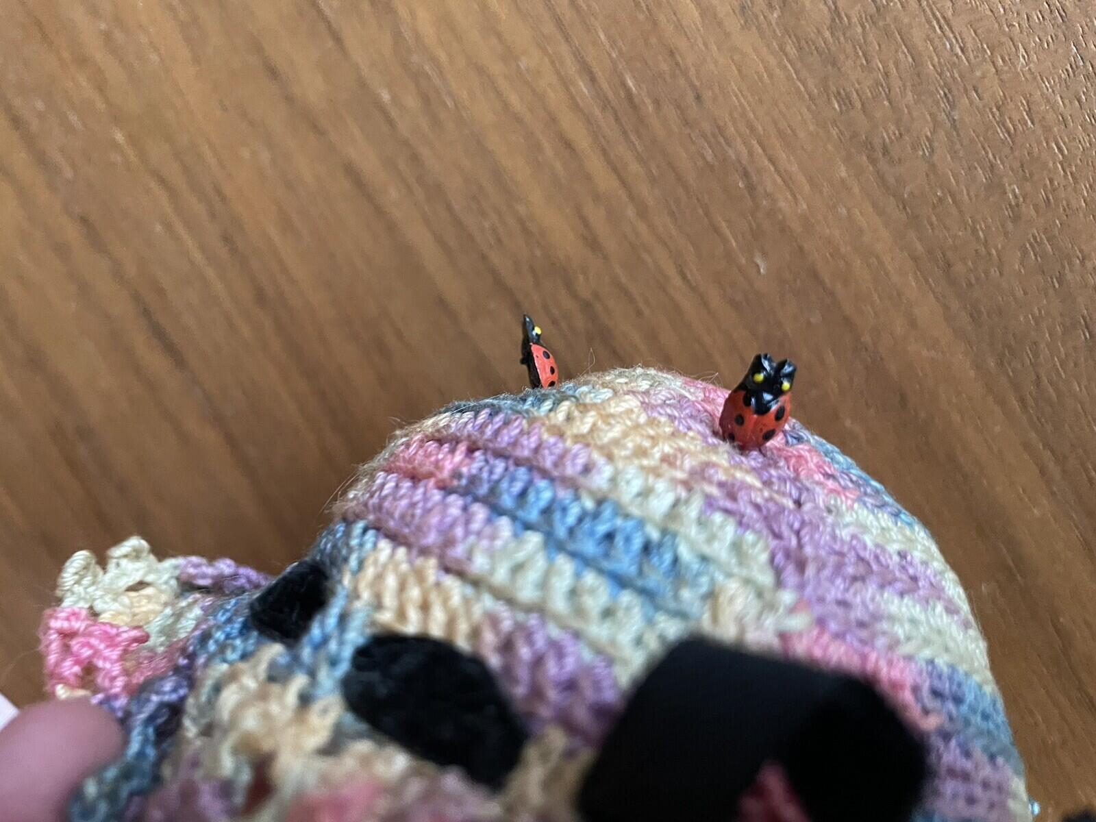 Crochet Hat Sewing Pin Cushion With Two Lady Bug Pins Vintage - Image 5
