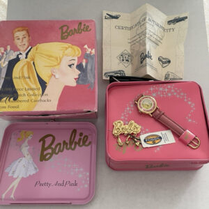 Barbie Pretty In Pink Fossil Watch & Barbie Pin Original Tin Box 1994 READ