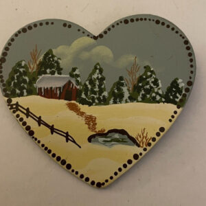 Snowy Winter Cabin Scene Painted Heart Brooch Pin