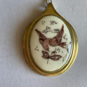 Whiting & Davis Enamel Pink Bird On Porcelain Pendant Necklace