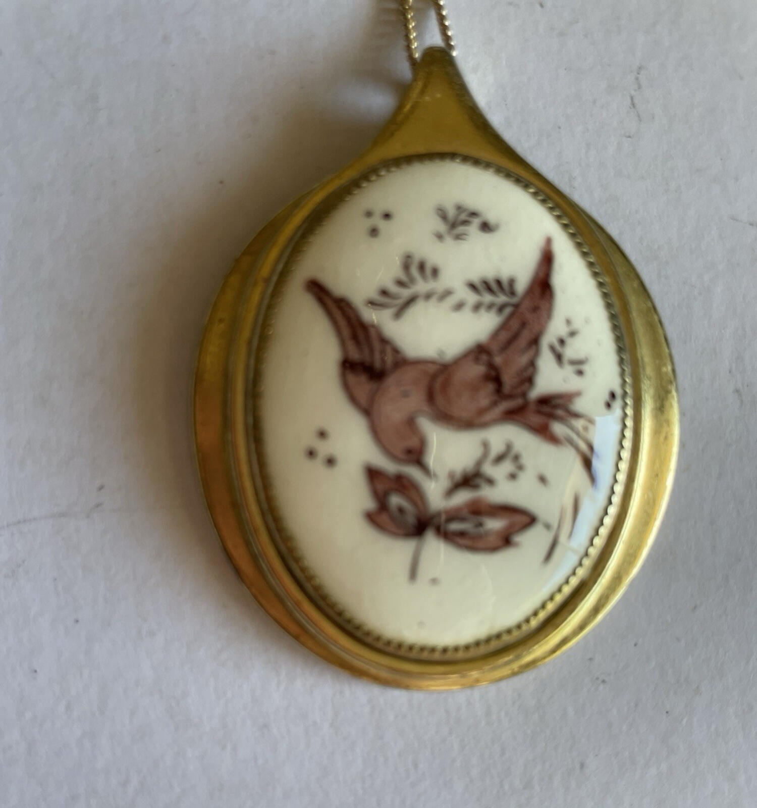 Whiting & Davis Enamel Pink Bird On Porcelain Pendant Necklace