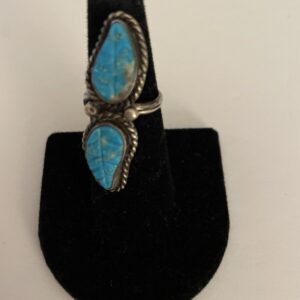 Kingman Turquoise Carved Leaf Sterling Silver Ring Size 4.5 Navajo