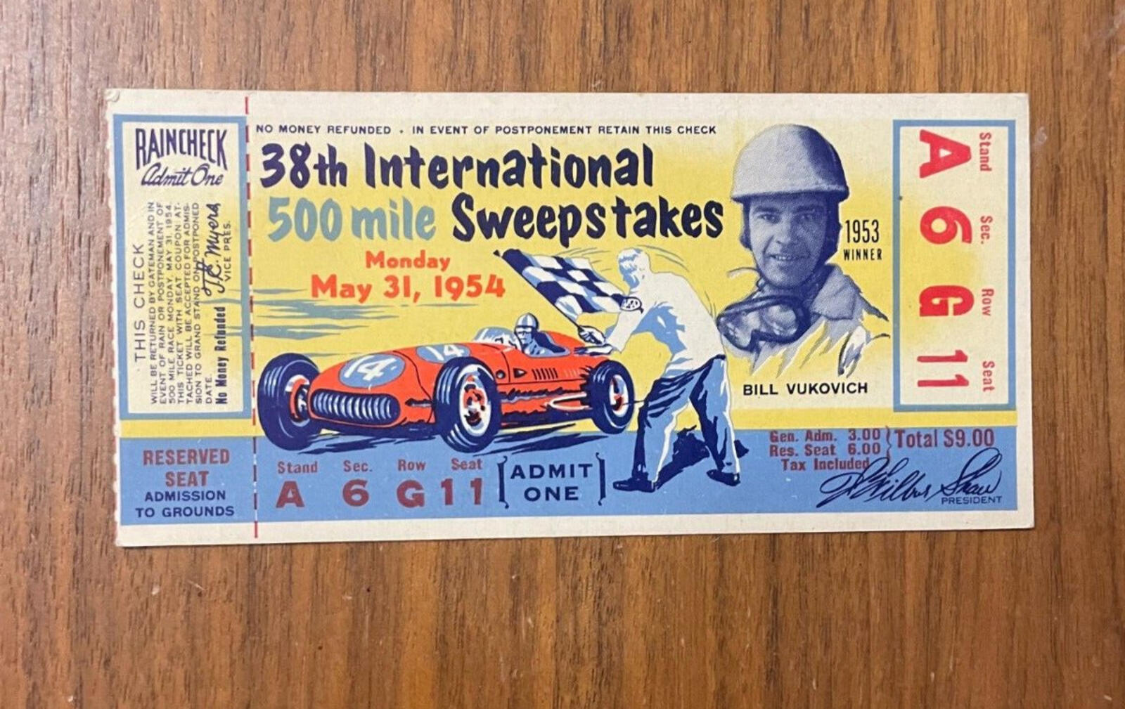 Indianapolis 38th Annual 500 Miles Sweepstakes Ticket Stub May 31 1954 Vintage