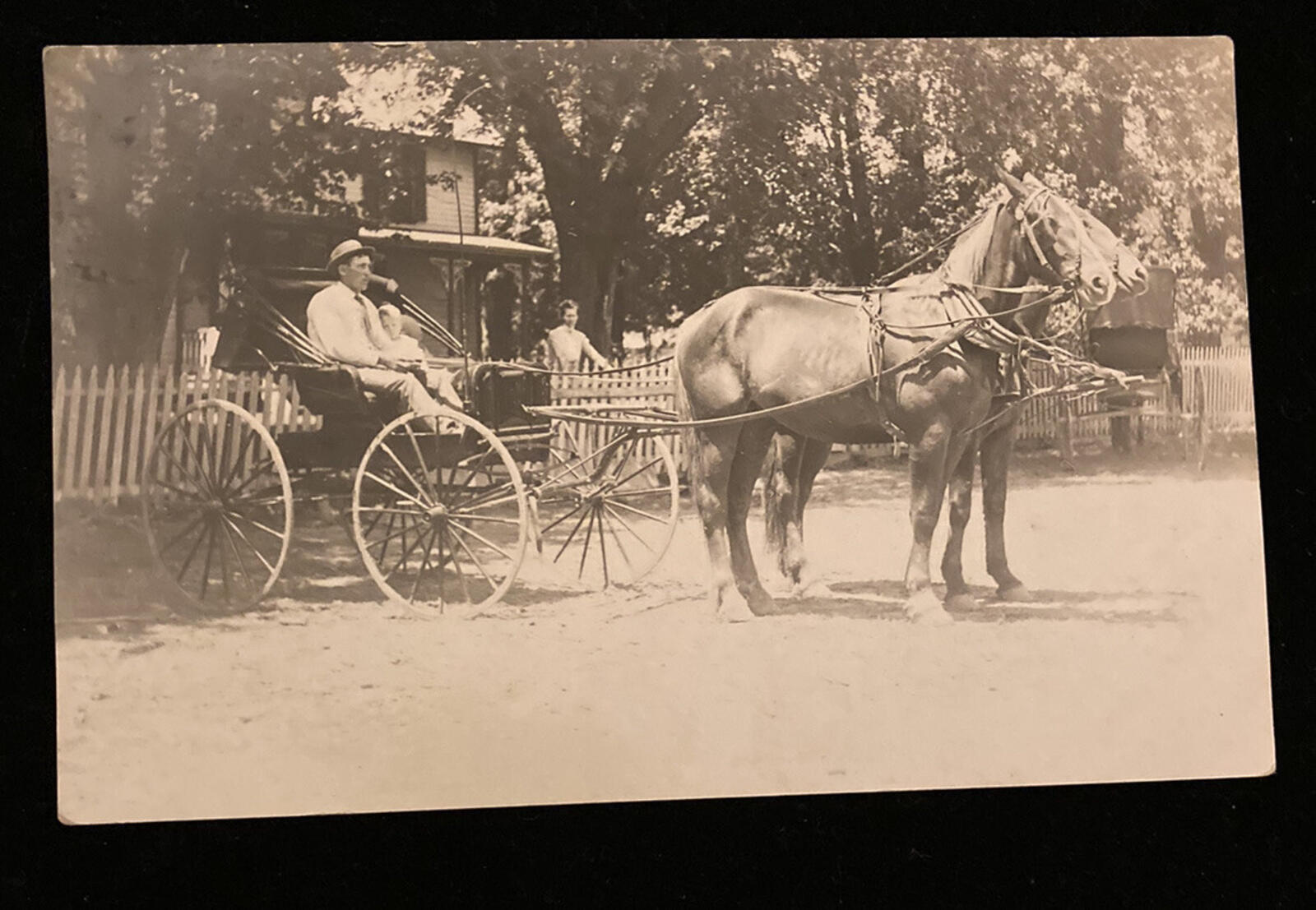 Family In Horse And Carriage In Front Of House RPPC Postcard