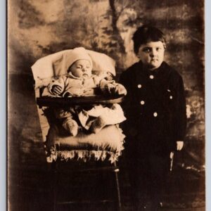 Little Boy And A Baby Family Photo Postcard RPPC