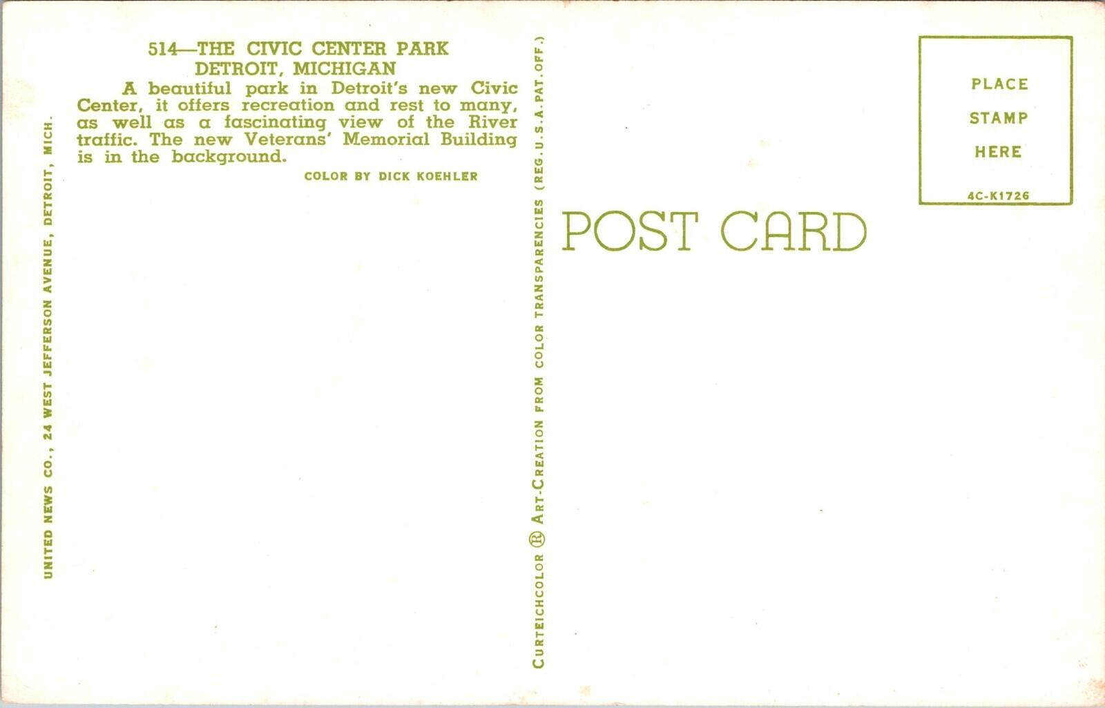 The Civic Center Park Detroit Michigan Postcard Unposted - Image 2