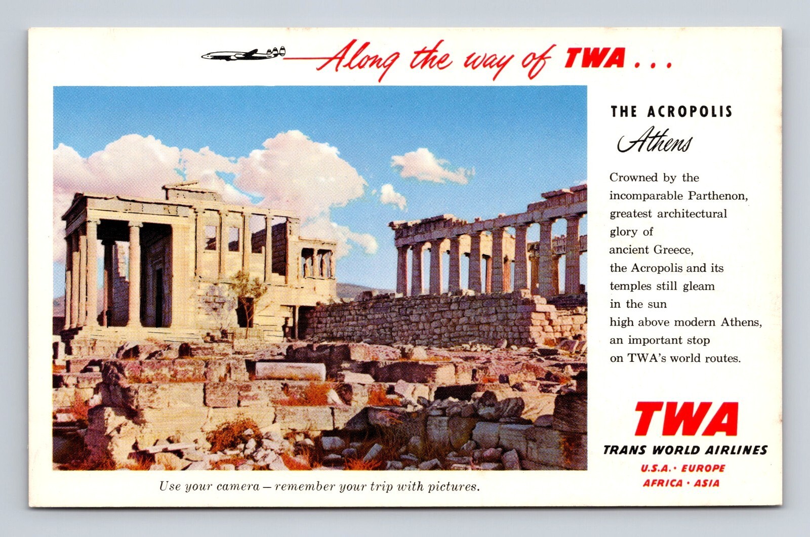 TWA Trans World Airlines Postcard The Acropolis Athens Greece