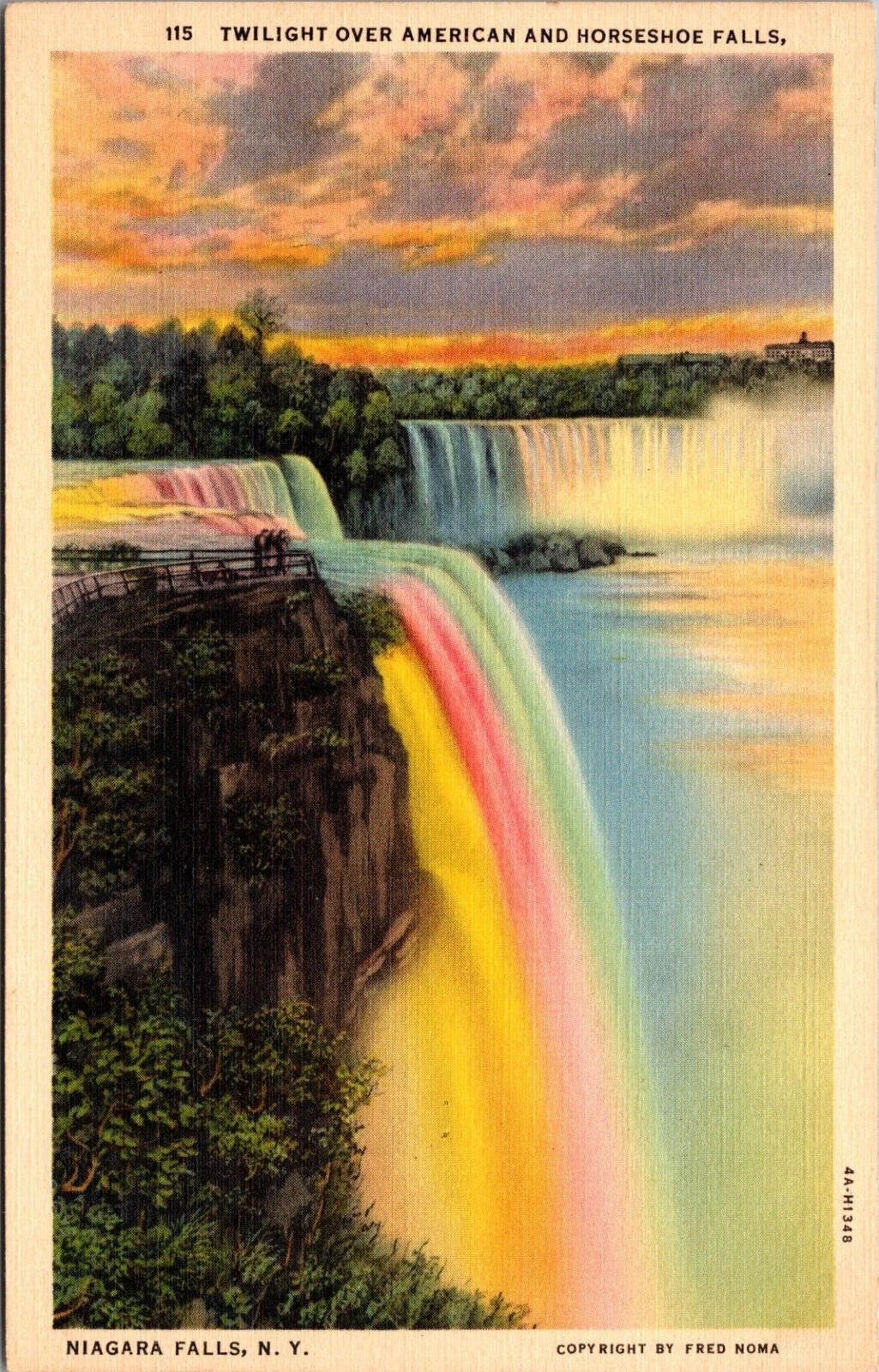 Twilight Over American And Horseshoe Falls Niagara Falls New York Postcard