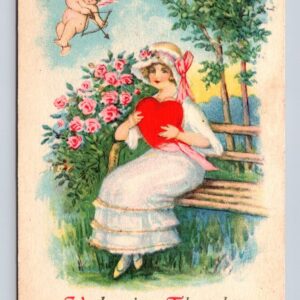 Valentine Thoughts Postcard Girl Sitting On Bench Cupid Pointing An Arrow At Her