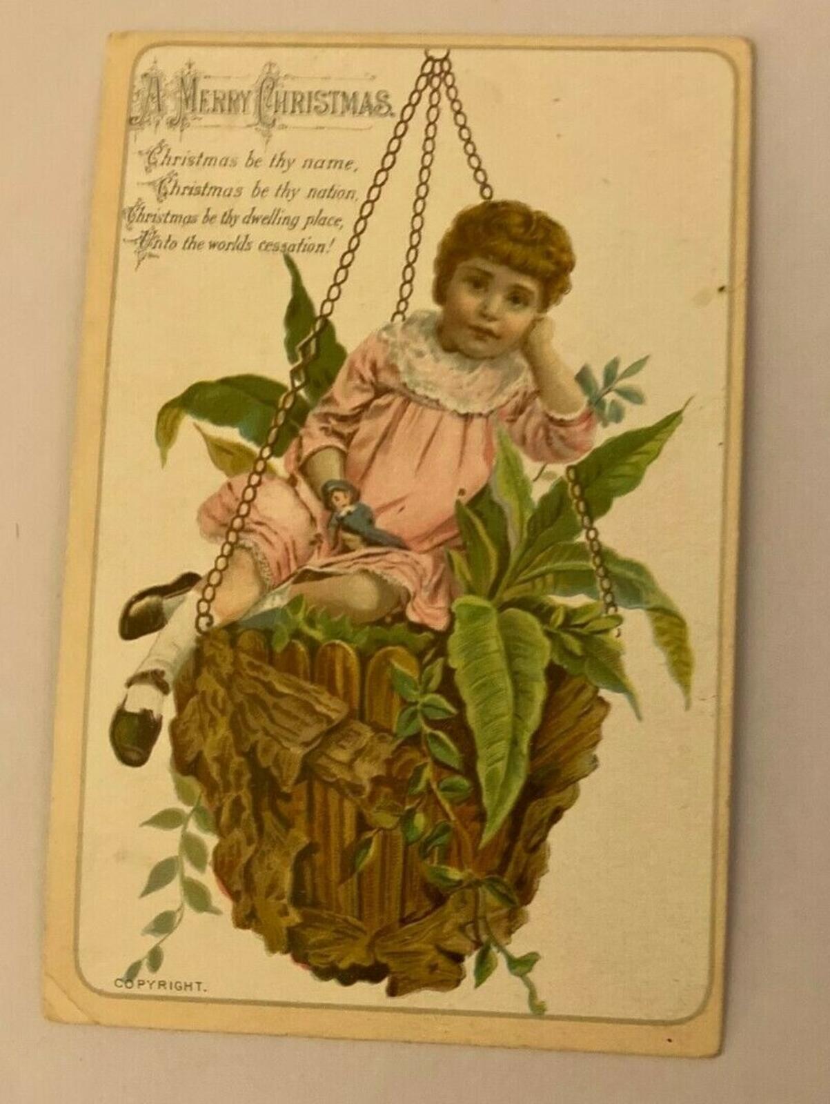 Merry Christmas Little Girl In Plant Basket F. B. Gerhard Trade Card