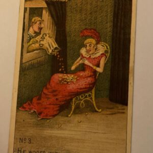 Peerless Coffee He Wooes With Gold Man Pouring Bag Gold On Lady Trade Card