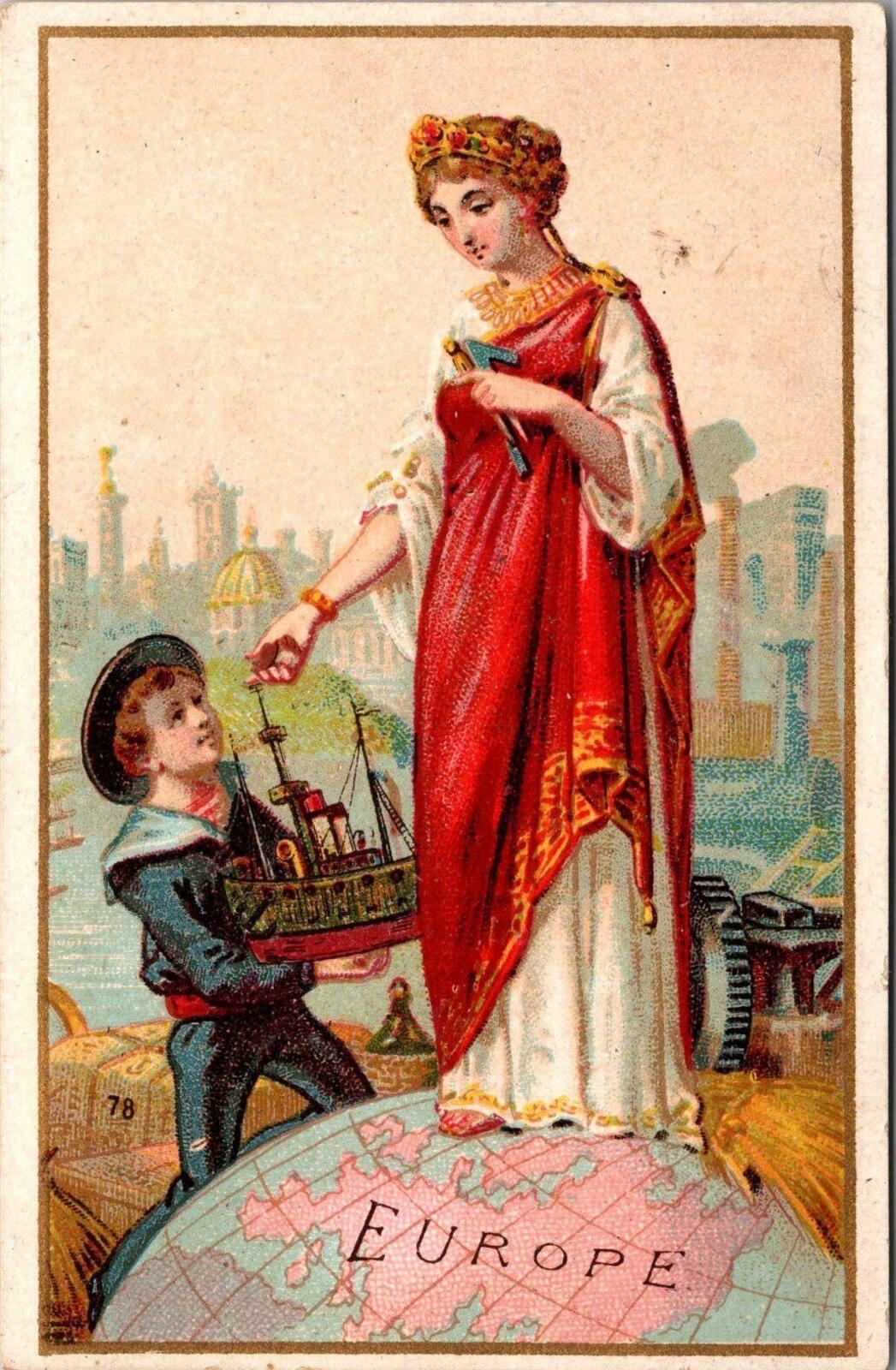 Lady Standing Map With Little Boy Manufacture De Chicoree French Trade Card