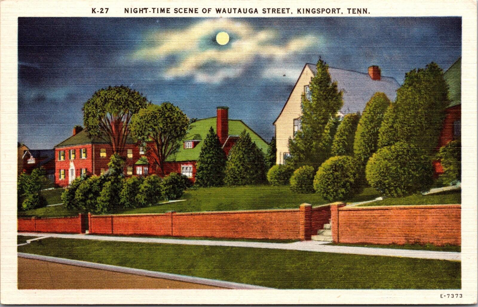 Night Time Scene Of Wautauga Street Kingsport Tennessee Postcard