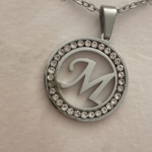 Initial M Pendant Necklace Silver Tone Rhinestone Necklace