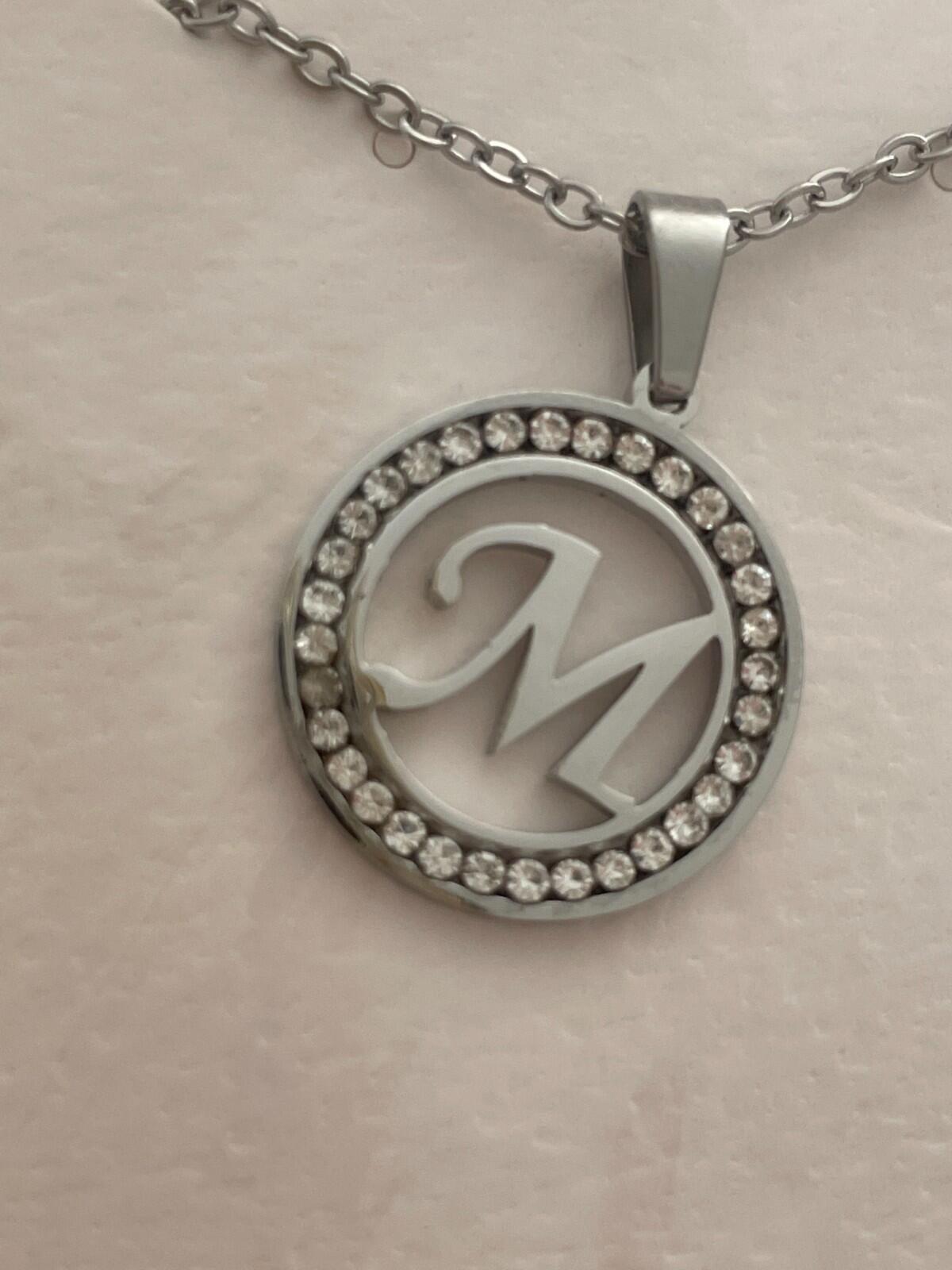 Initial M Pendant Necklace Silver Tone Rhinestone Necklace