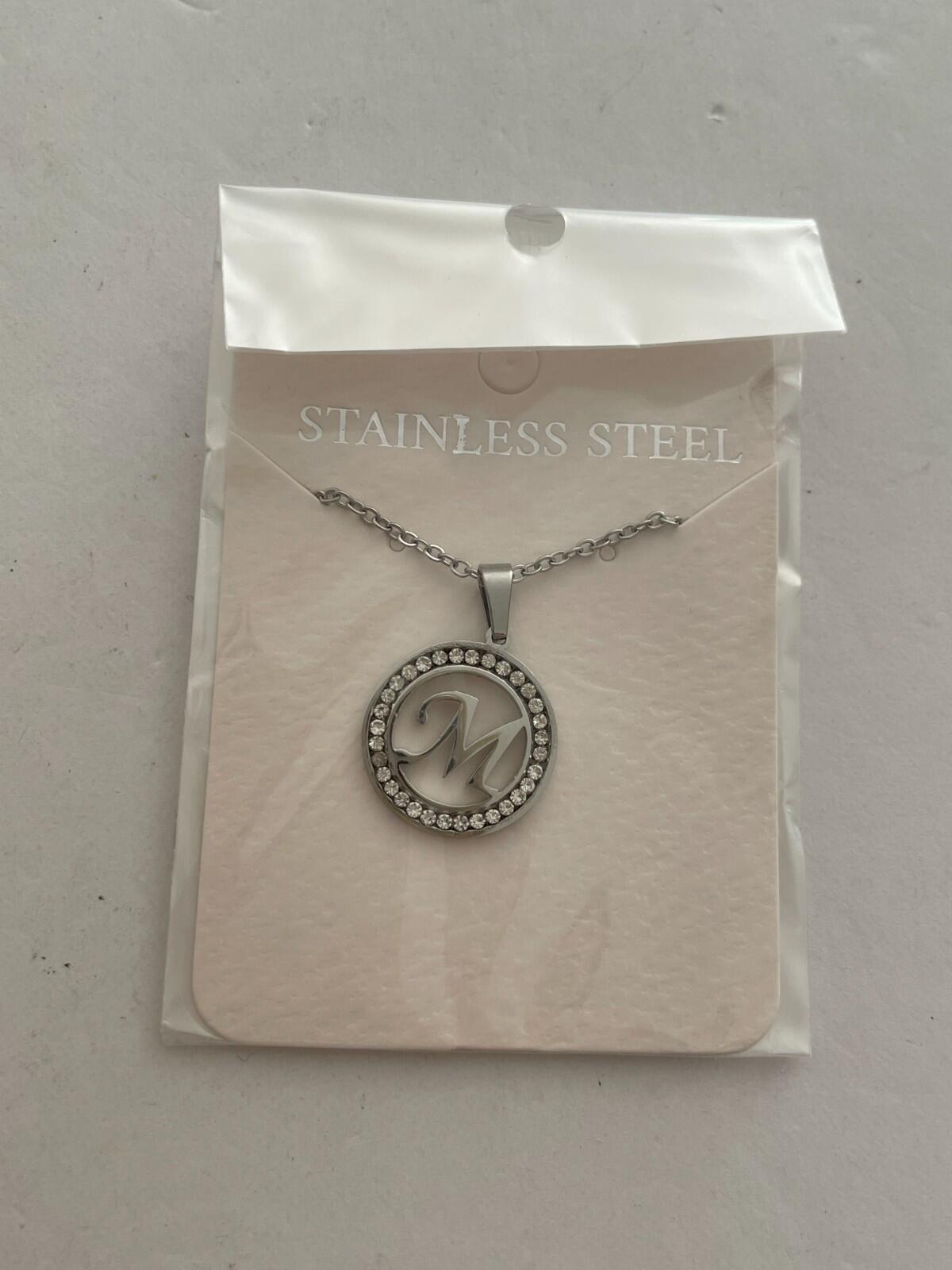 Initial M Pendant Necklace Silver Tone Rhinestone Necklace - Image 2
