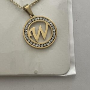 Initial W Pendant Gold Tone Rhinestone Necklace